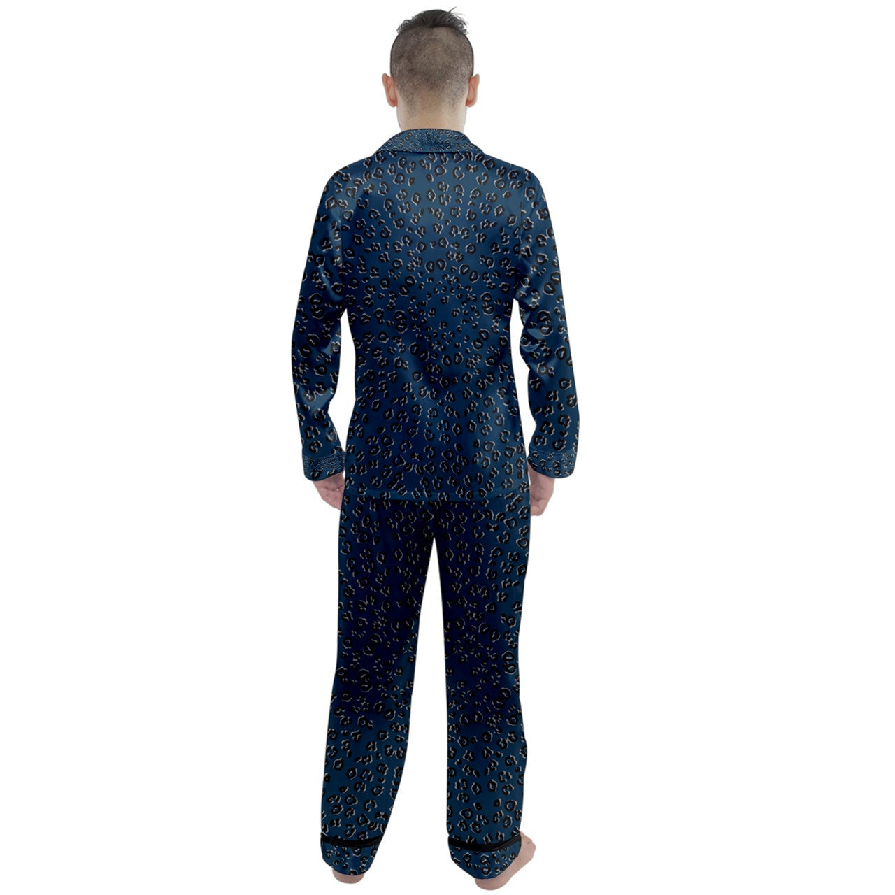navy cheetah Long Sleeve Satin Pajamas Set
