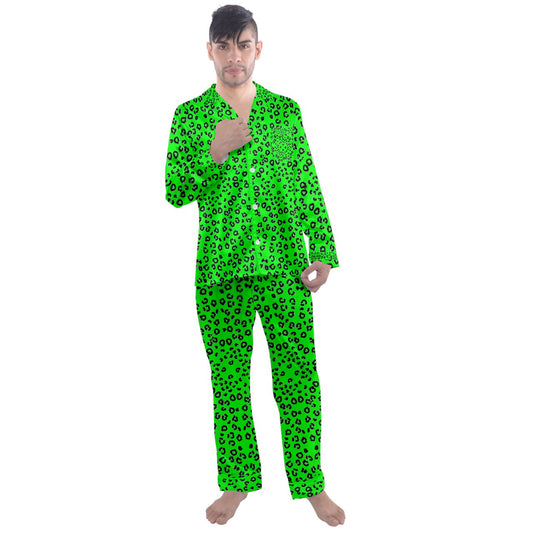 neon green cheetah Long Sleeve Satin Pajamas Set