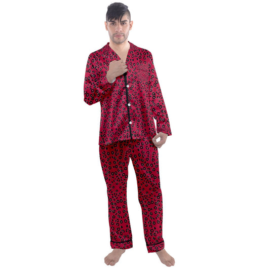 Red Cheetah Long Sleeve Satin Pajamas Set
