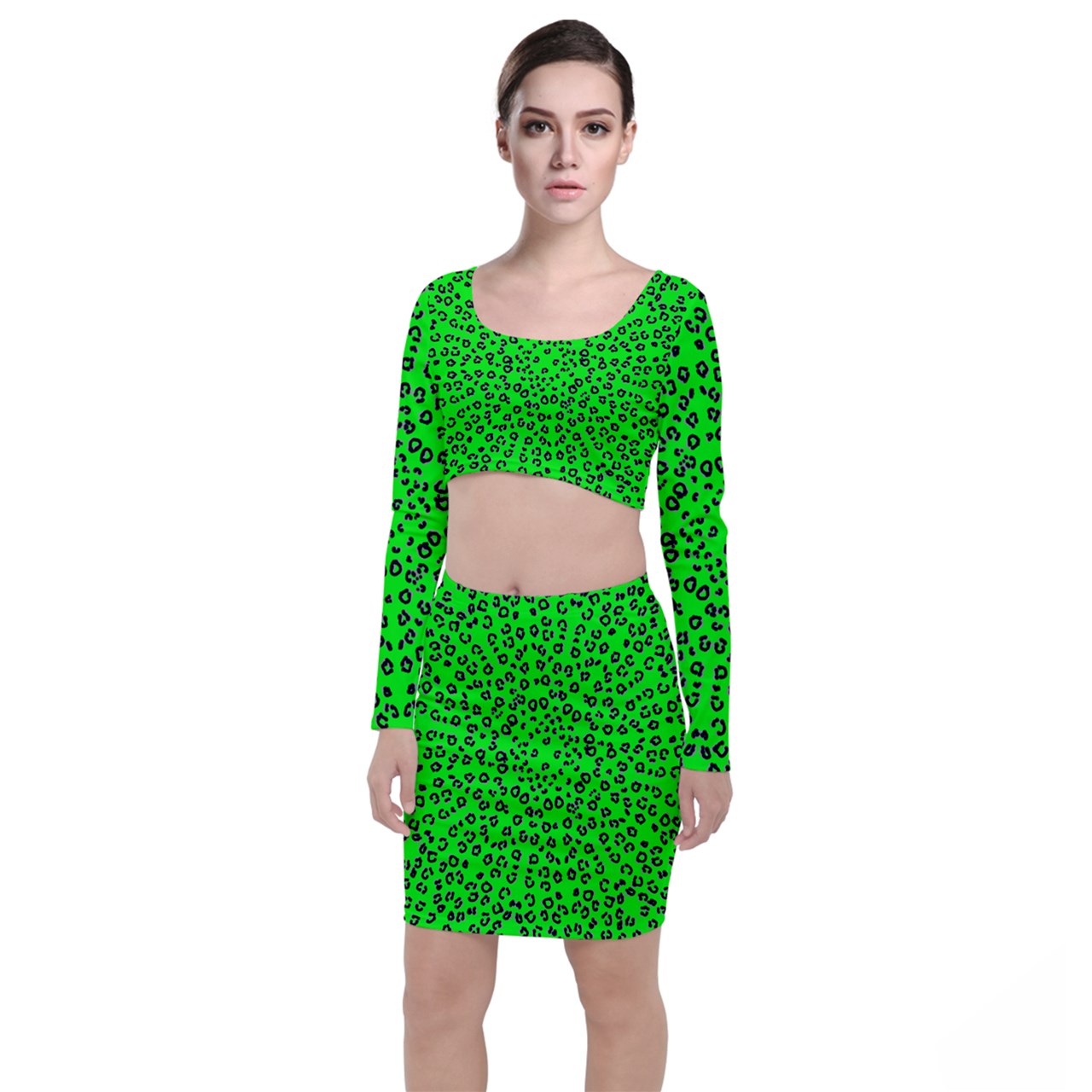 neon green cheetah Long Sleeve Crop Top & Bodycon Skirt Set