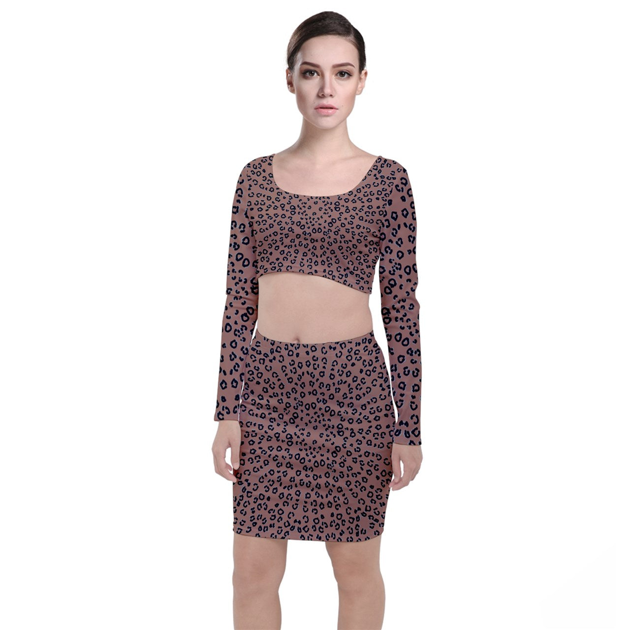 brown cheetah Long Sleeve Crop Top & Bodycon Skirt Set
