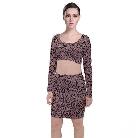 brown cheetah Long Sleeve Crop Top & Bodycon Skirt Set