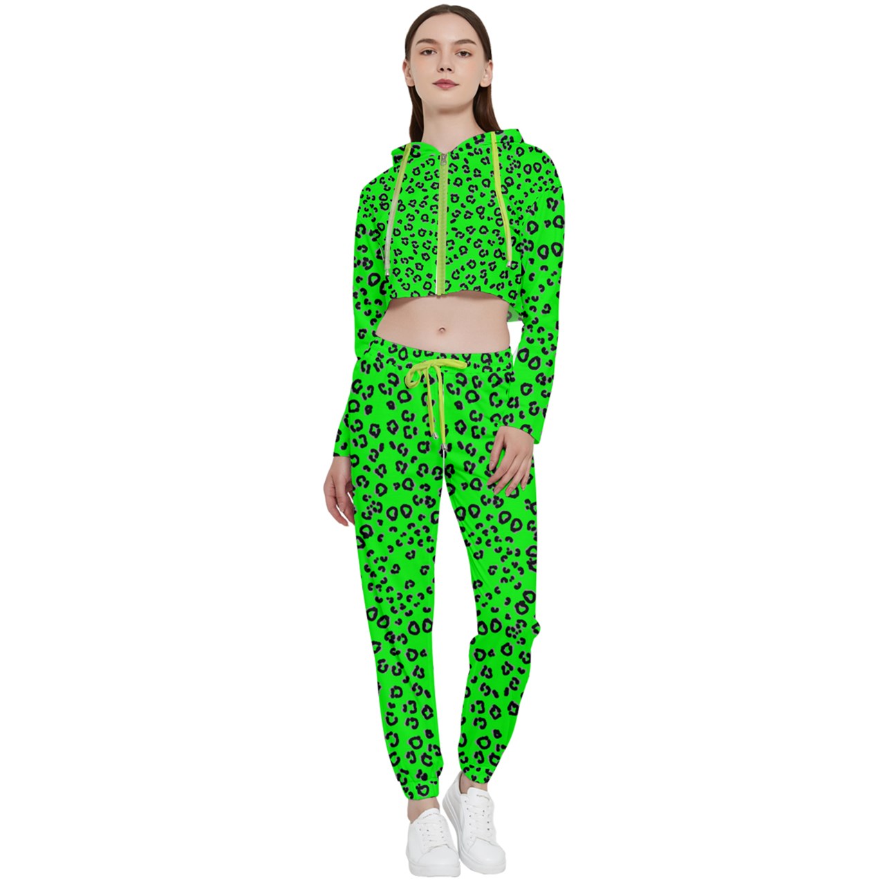 neon green cheetah Cropped Track Suit