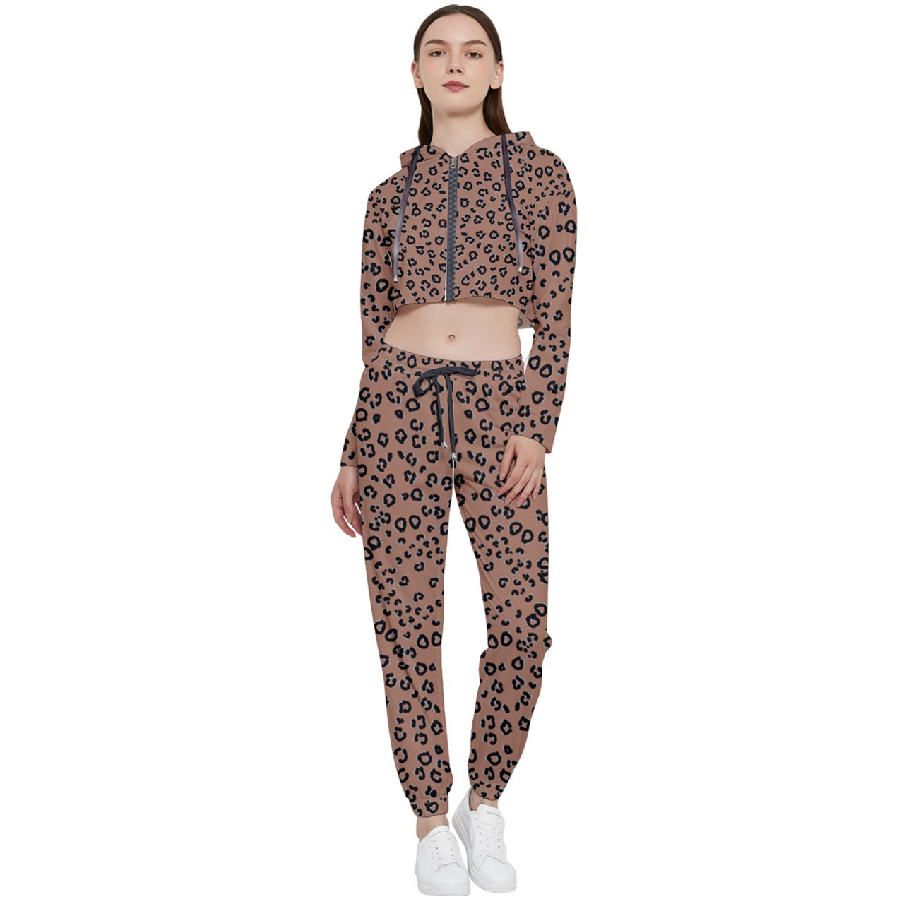 brown cheetah Cropped Track Set