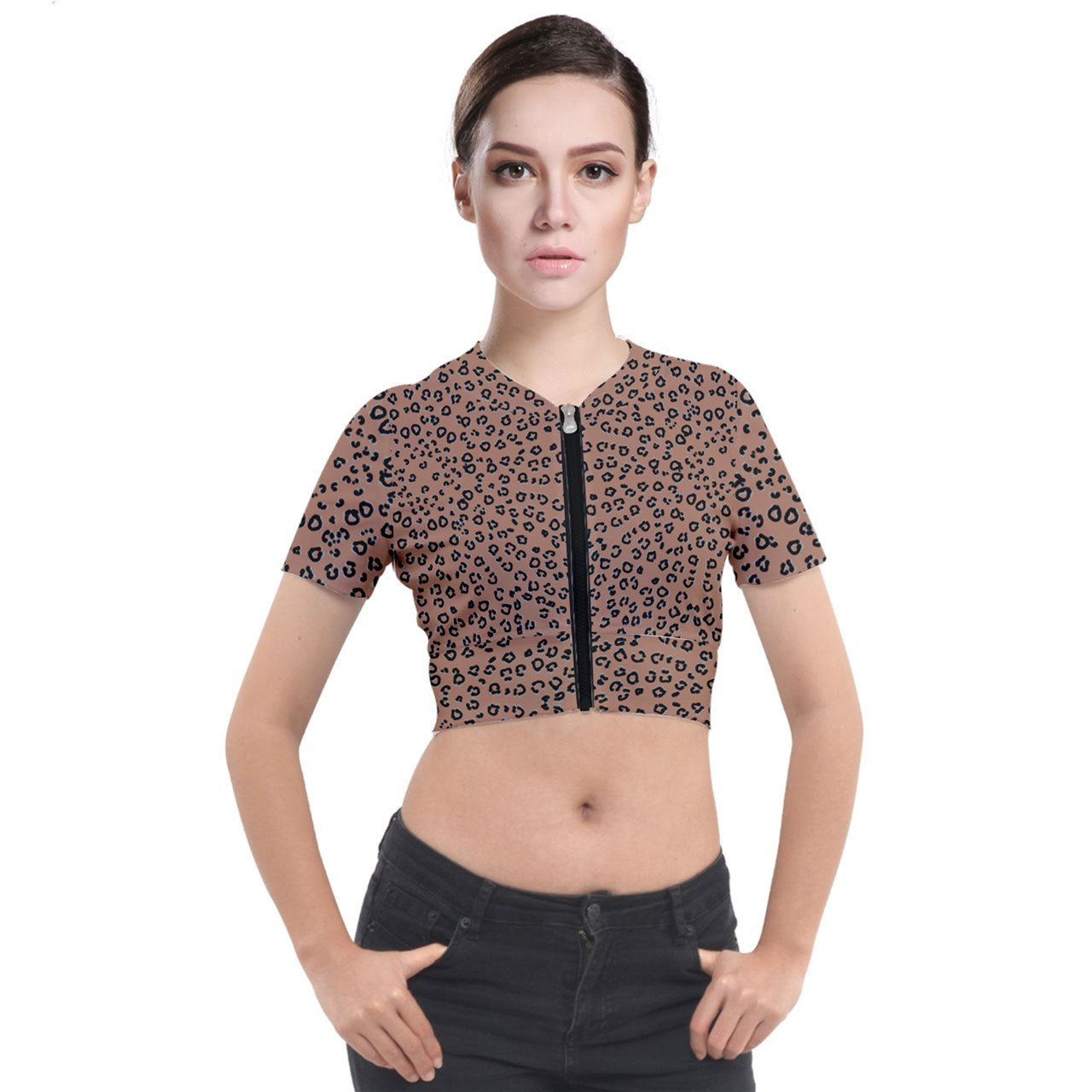 brown cheetah Short Sleeve Cropped Jacket