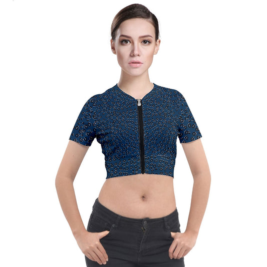 navy cheetah Short Sleeve Cropped Jacket