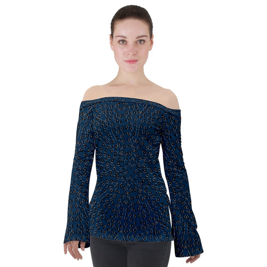 navy cheetah Off Shoulder Long Sleeve Top