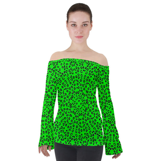 neon green cheetah Off Shoulder Long Sleeve Top