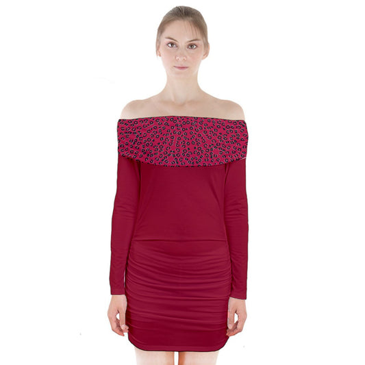 Red Cheetah indigo Long Sleeve Off Shoulder Dress