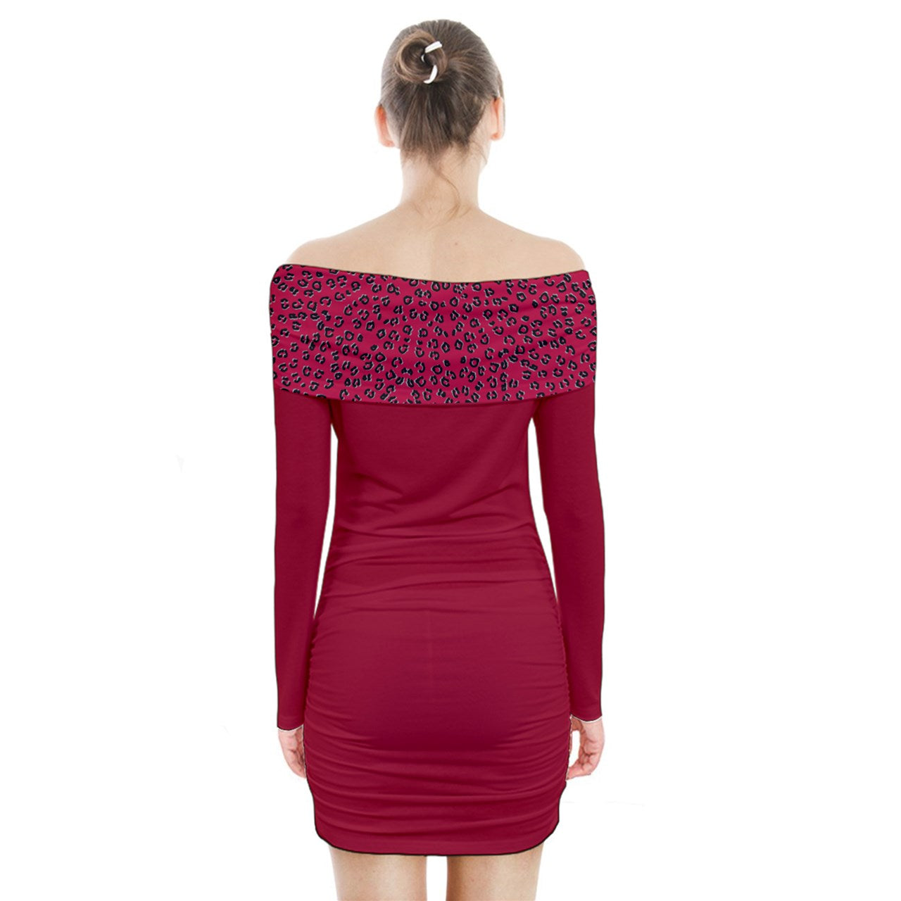 Red Cheetah indigo Long Sleeve Off Shoulder Dress