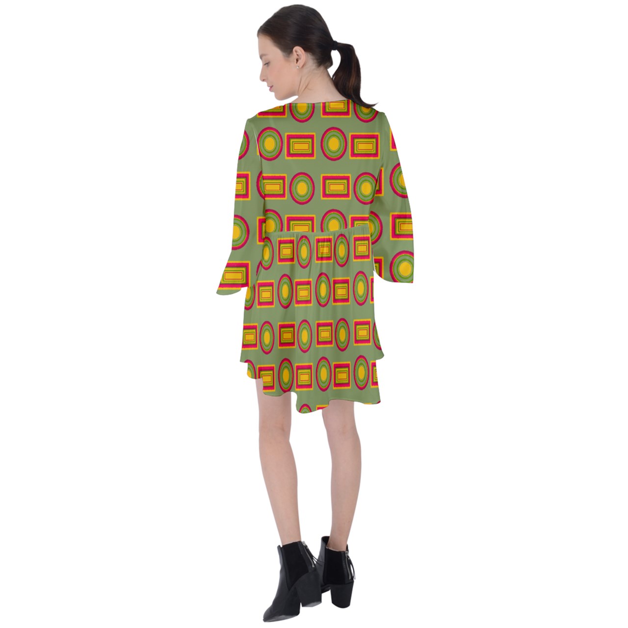 Circle Circle Dot Dot V-Neck Flare Sleeve Mini Dress