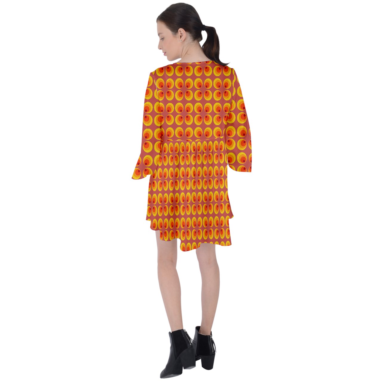 Wonky Peepers V-Neck Flare Sleeve Mini Dress