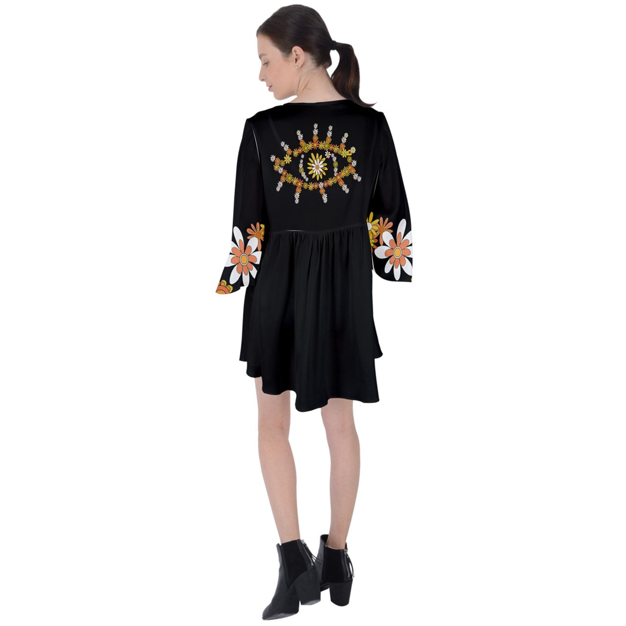 Classic Boho Flowers Eye V-Neck Flare Sleeve Mini Dress