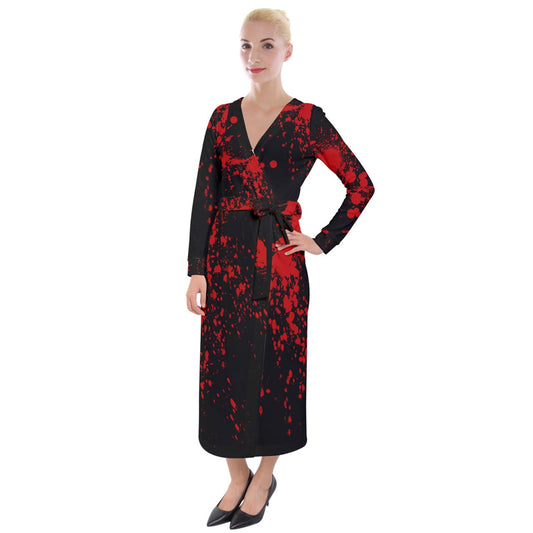 Black Blood Spatter Velvet Maxi Wrap Dress