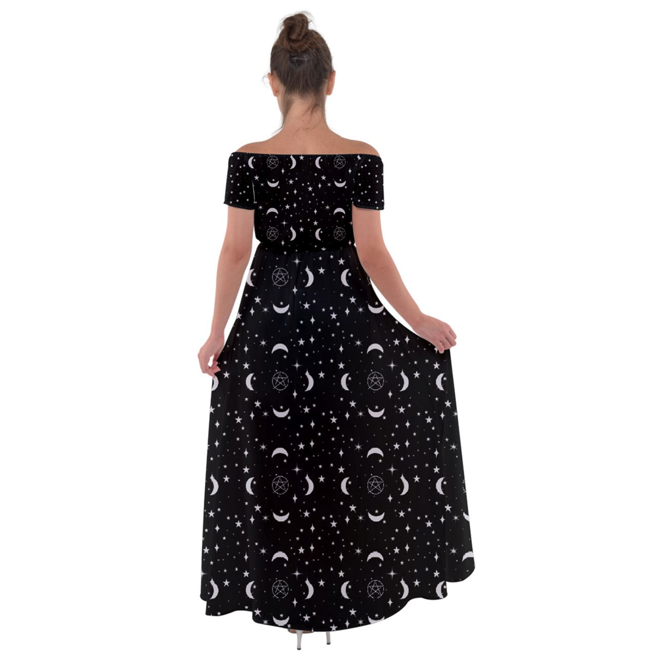 Crescent Pentacle Off Shoulder Open Front Chiffon Dress