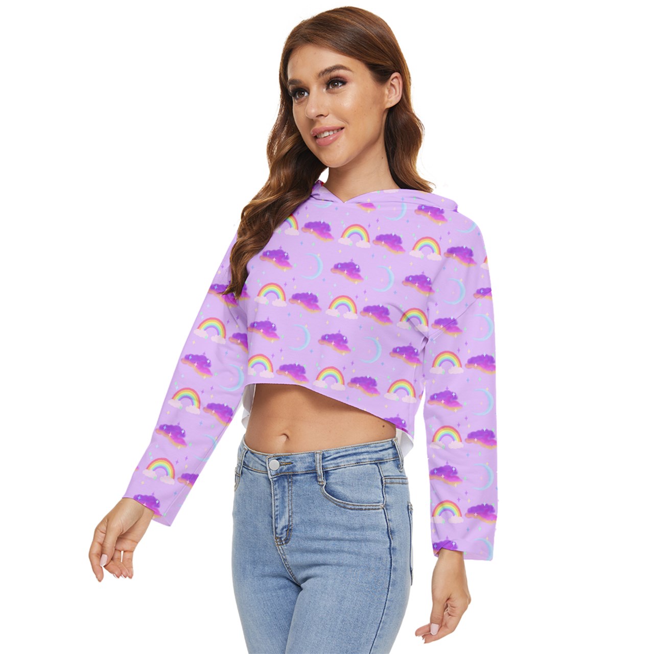 Rainbow Moon Watercolor Lightweight Cropped Hoodie