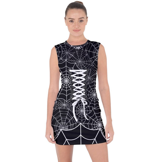 Black Web Lace Up Front Bodycon Dress