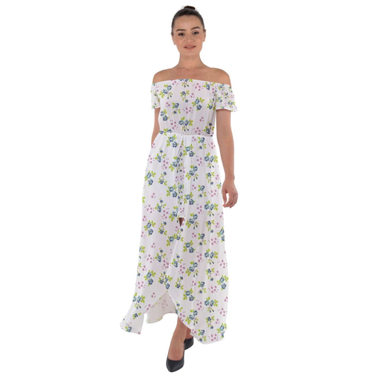 Powder Blue Bell Off Shoulder Open Front Chiffon Dress