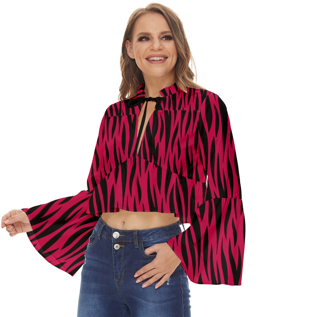 Cherry Zebra  Boho Long Bell Sleeve Top