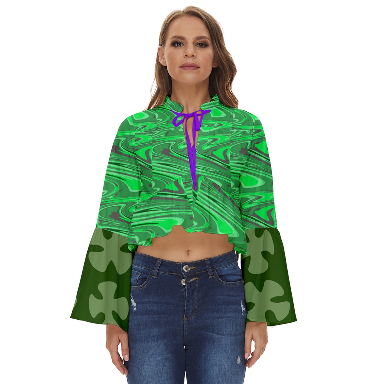 Green Swirly Boho Long Bell Sleeve Top
