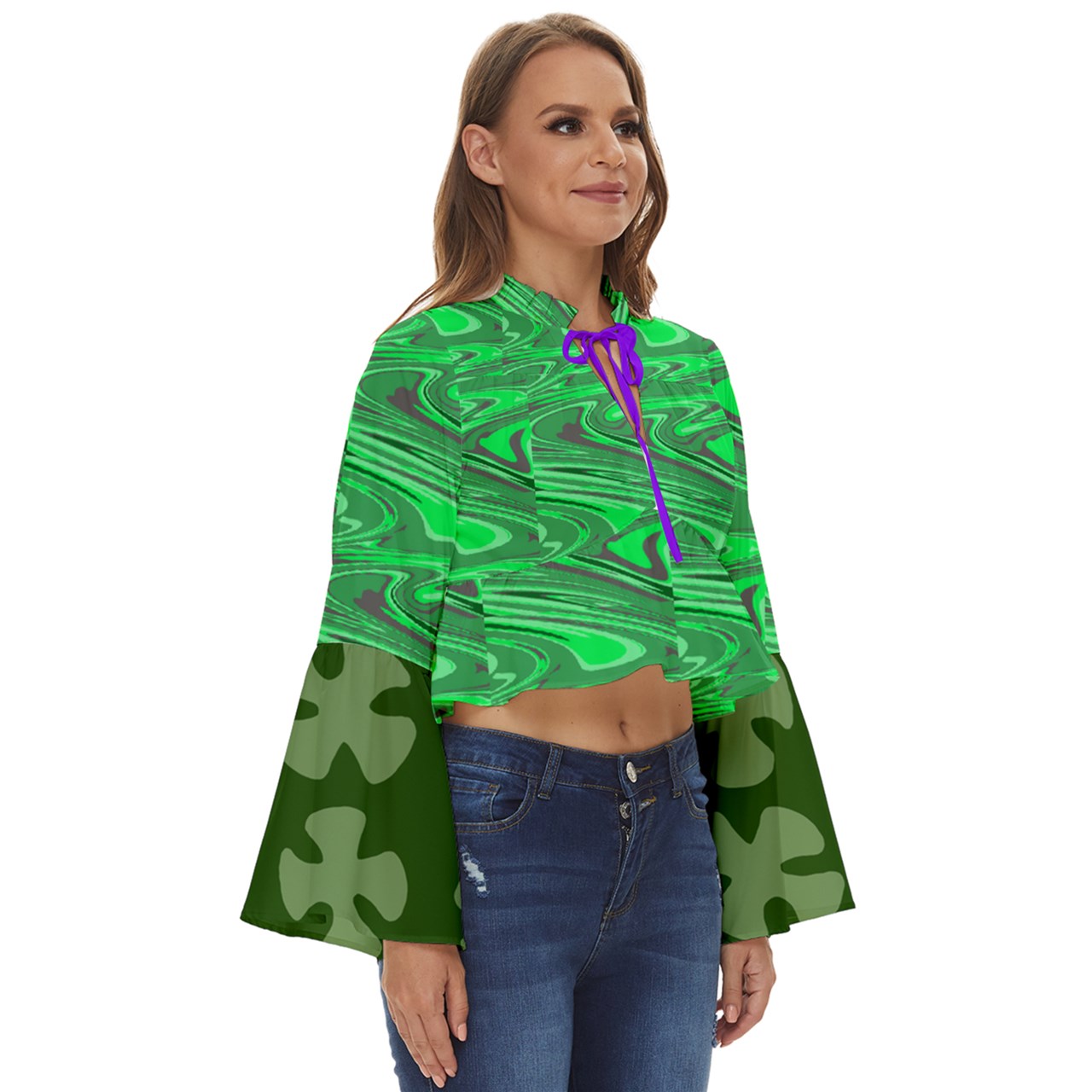 Green Swirly Boho Long Bell Sleeve Top