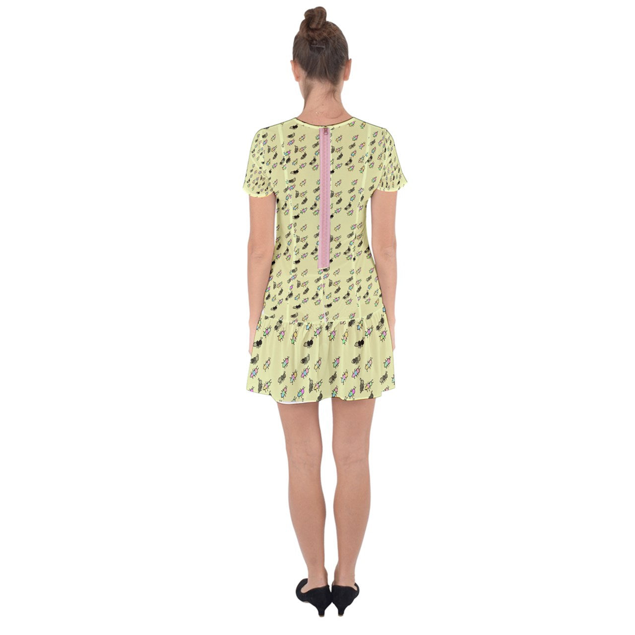 Watercolor Ant Party Drop Hem Mini Chiffon Dress