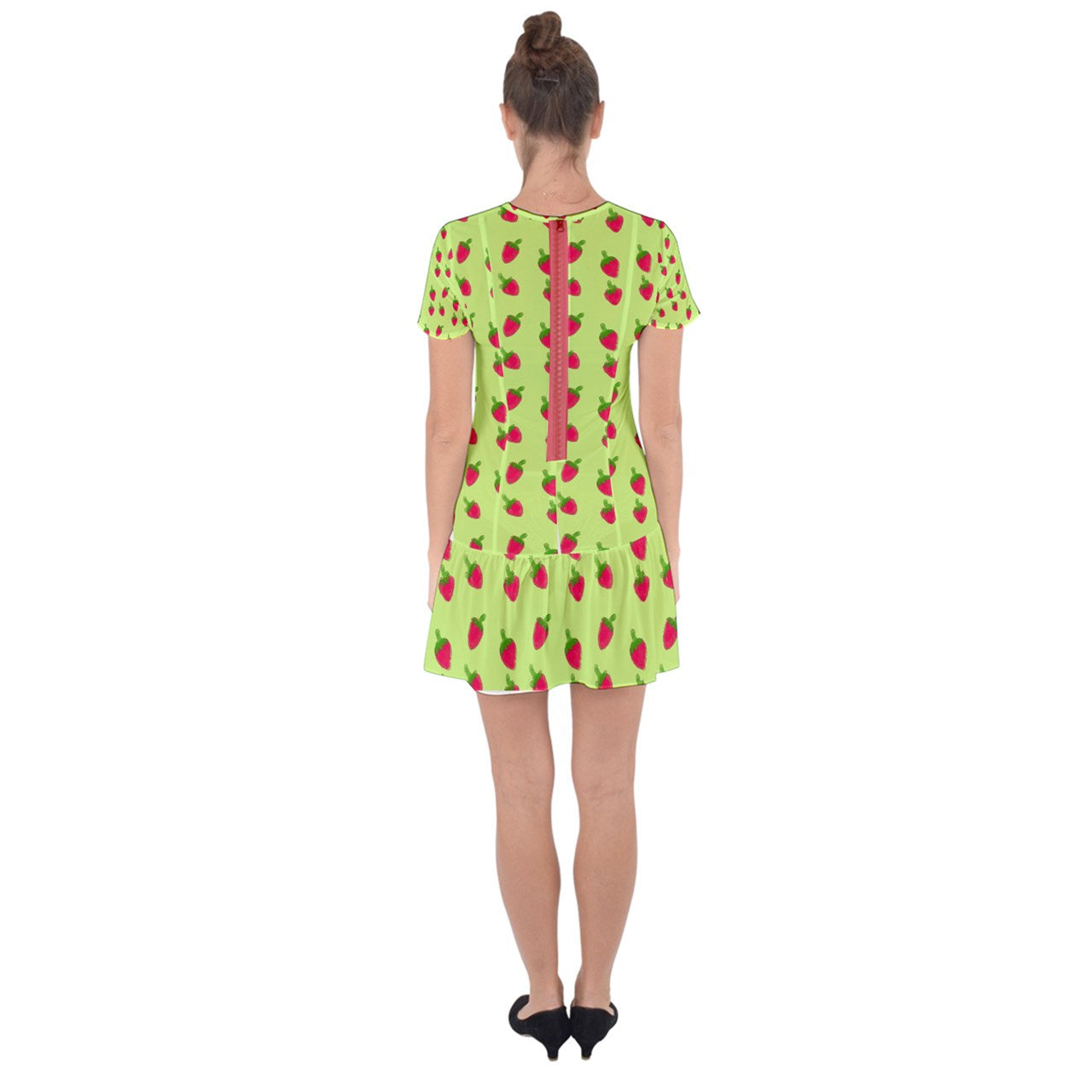 Watercolor Strawberries Drop Hem Mini Chiffon Dress