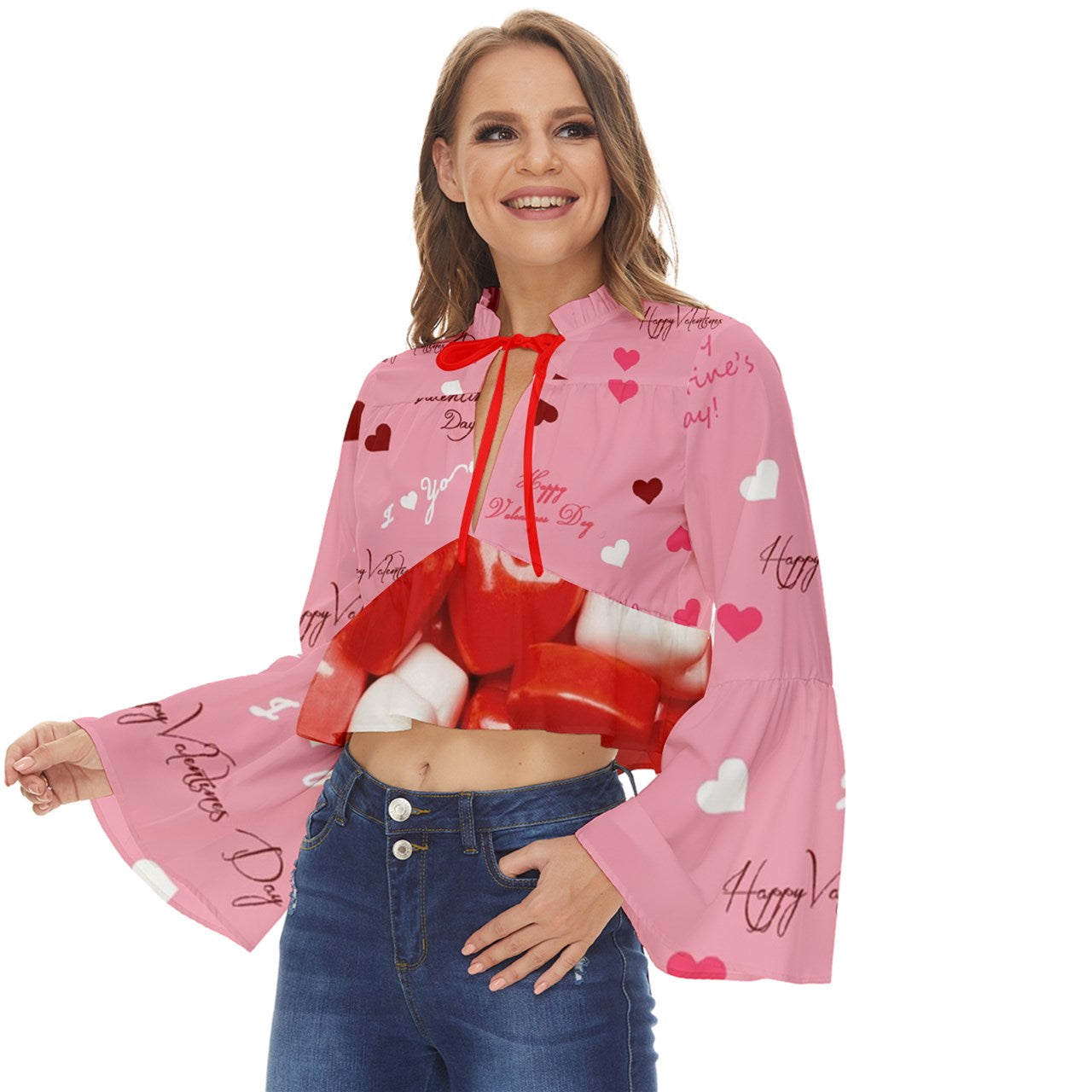 Valentine Hearts Boho Long Bell Sleeve Top