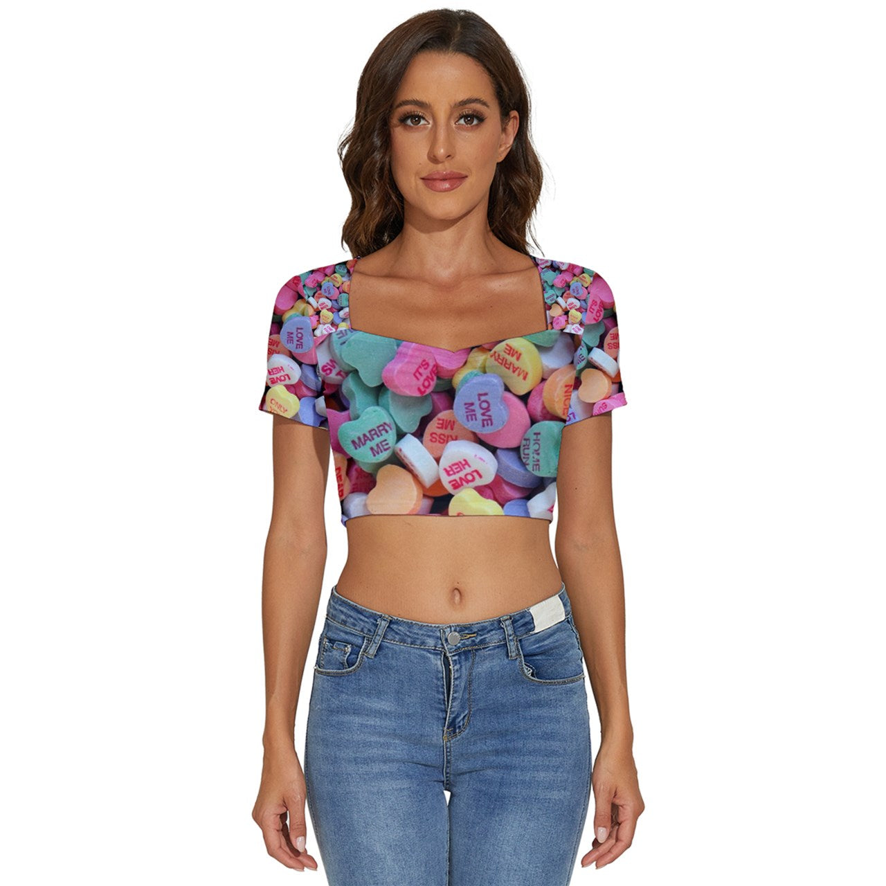 Candy Hearts Short Sleeve Square Neckline Crop Top