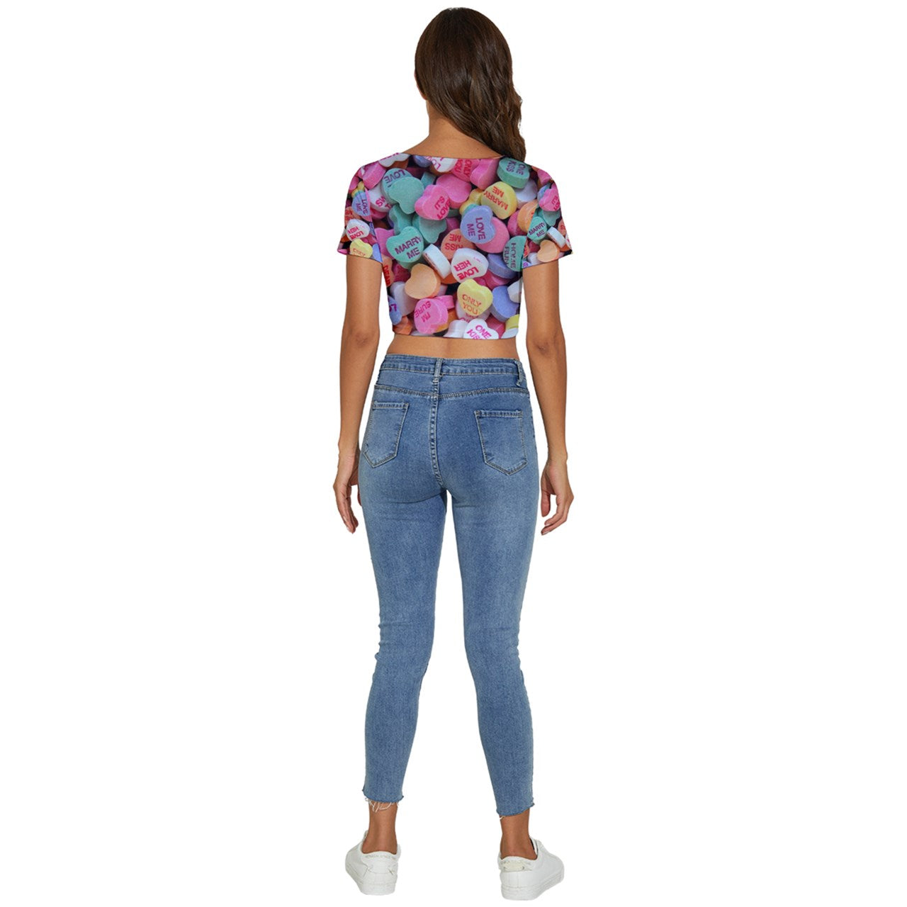 Candy Hearts Short Sleeve Square Neckline Crop Top