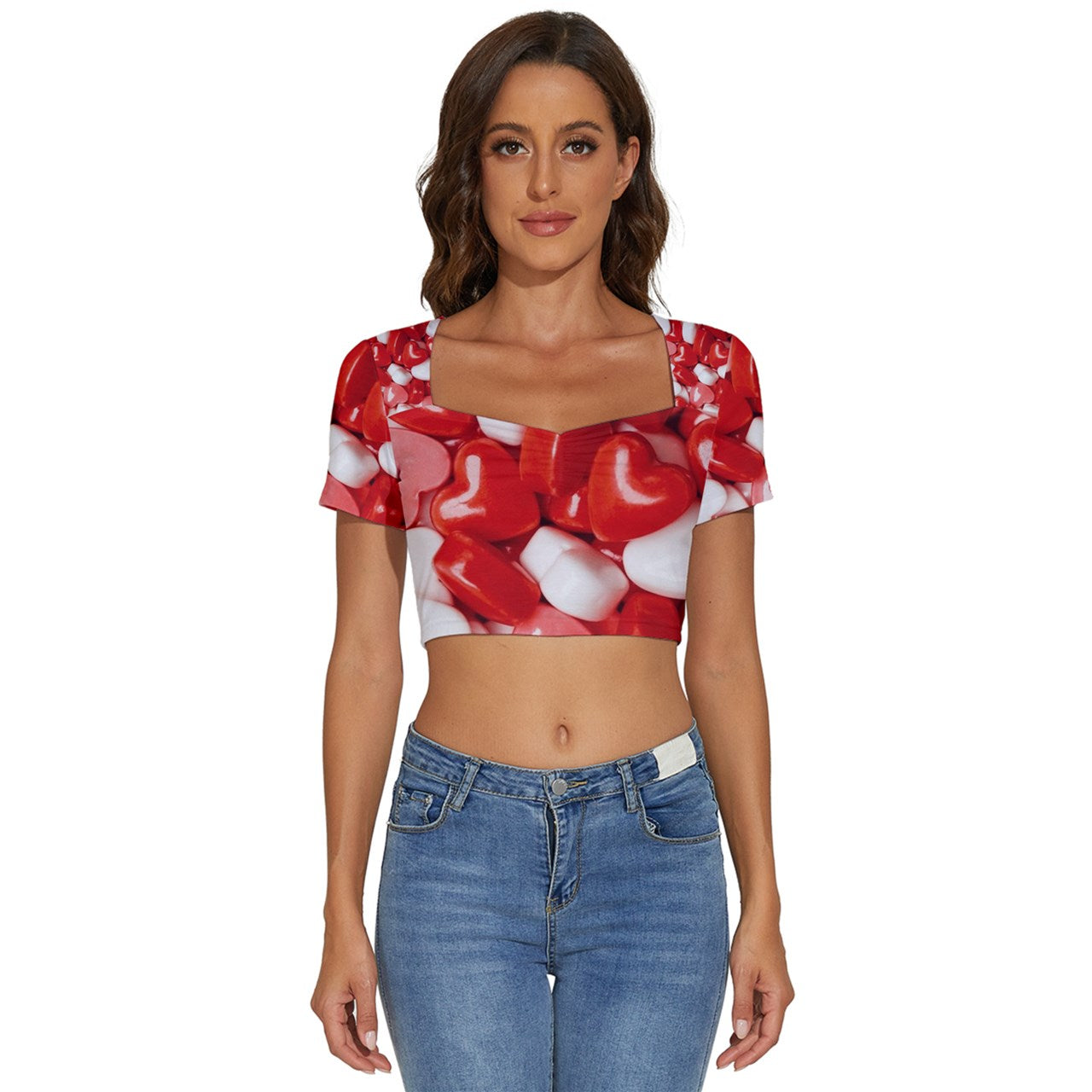 Sweet Hearts Short Sleeve Square Neckline Crop Top