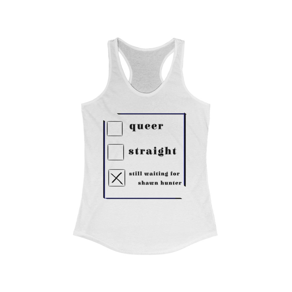 still waiting on shawn Racerback Tank