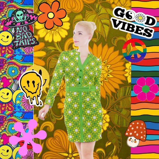 flower power mod Button Long Sleeve Dress